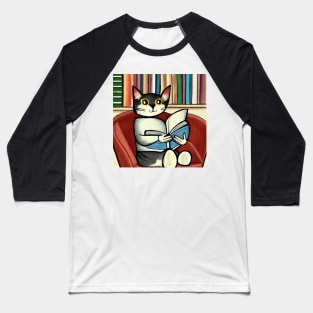 Grey Cat Reading In The Library Illustration Baseball T-Shirt